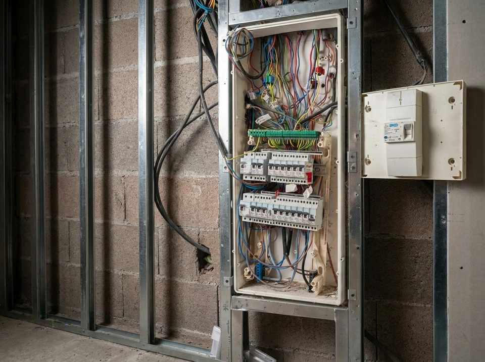 Tableau électrique résidentiel ouvert, fixé au mur intérieur, composé de trois modules empilés