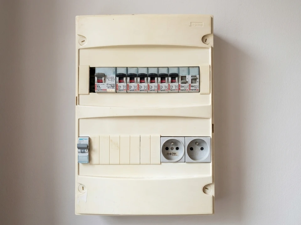 Tableau électrique résidentiel ouvert, fixé au mur intérieur, composé de trois modules empilés